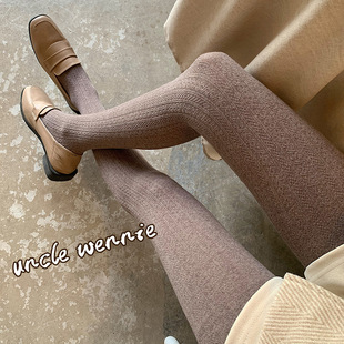 秋冬麻花竖条纹打底袜子女精梳棉燕麦奶白咖啡色踩脚连裤袜
