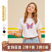 棉牵减龄可爱蝴蝶印花t恤正肩短袖女夏季显瘦白色纯棉半袖上衣夏