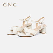 GNC粗跟羊皮凉鞋女2024夏季配裙子一字扣仙女风绝美白色凉鞋