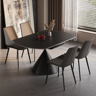 极简岩板餐桌椅意式轻奢可旋转伸缩方圆，两用简约现代家用饭桌黑色