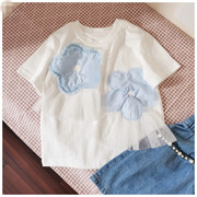 小太平童装 110-150 女童夏洋气蓝色搭花朵T恤 规则网纱拼接上衣