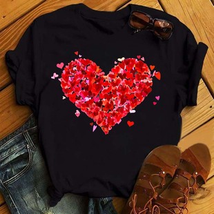 florallovet-shirt红色爱心花卉，印花圆领宽松休闲女短袖黑色t恤