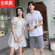 情侣装2022夏装韩版小众设计感连衣裙女男，短袖t恤两件套套装