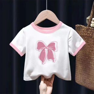 100%纯棉女童拼接短袖T恤夏季儿童宝宝洋气卡通印花半袖上衣