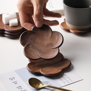 创意花瓣形木杯垫，黑胡桃木咖啡杯托简约茶壶，隔热垫15cm实木小盘子