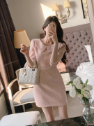 韩国chic春季气质小香风粉色连衣裙，女收腰显瘦a字包臀粗纺短裙子