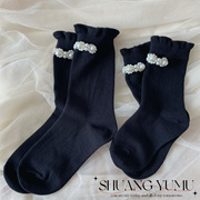 儿童袜子黑色松口花边袜手缝珍珠，造型中筒袜女童公主风袜子亲子袜