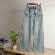 xsl3202美式高街浅色牛仔裤，女夏季个性口袋，拼接设计感直筒阔腿裤