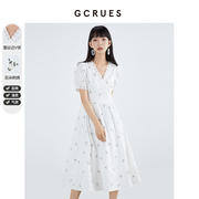 gcrues蕾丝显瘦碎花长，裙子2024年夏季甜美气质，白色女装连衣裙