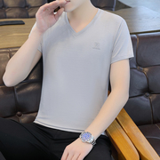 男士短袖T恤V领薄款夏季2024韩版修身半袖纯棉上衣服印花体恤