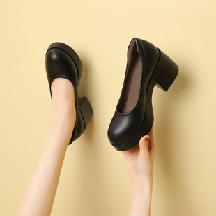 黑色小皮鞋女2024真皮工作鞋小个子，厚底圆头粗跟气质高跟单鞋