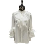 白色衬衫女春季时尚，修身荷叶边喇叭袖蕾丝，边雪纺衫上衣