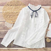 韩版立领白衬衫女甜美设计感荷叶，边拼接细带长袖衬衣纯棉打底上衣