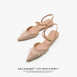 willwishes甜美温柔~法式平底鞋，女低跟单鞋女尖头凉鞋女拖鞋