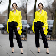 时尚欧美风柠檬黄蝙蝠，长袖衬衫+黑色，显瘦百搭直筒裤套装女