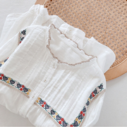 爱心织带风琴褶设计 白色全棉双层棉纱衬衫女秋季款打底衫民族风