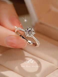 一克拉莫桑石钻戒(石钻戒，)女男纯银情侣对戒铂金，结婚求婚仿真钻石戒指