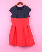 hp90001女品牌折扣夏休闲(夏休闲)套头圆领短袖拼接高腰红色连衣裙