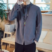 秋季中国风男装立领长袖衬衫棉麻纯色中式汉服唐装禅茶服