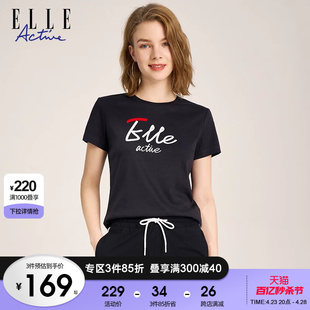 ELLE Active2024春夏百搭运动短袖女字母修腰圆领t恤女上衣棉