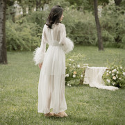 鸵鸟毛羽毛度假晨拍睡袍拍照新娘女晨袍长款婚礼性感透明薄纱套装