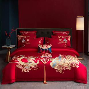 新婚庆(新婚庆)四件套，大红色全棉刺绣，结婚房喜被套六八十件套纯棉床上用品