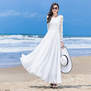 白色连衣裙雪纺长袖2024春夏，气质显瘦大摆长裙到脚踝超长款