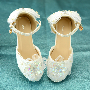 女童公主鞋蕾丝蝴蝶结白色小女孩高跟鞋舞台演出表演洋气水晶鞋仙