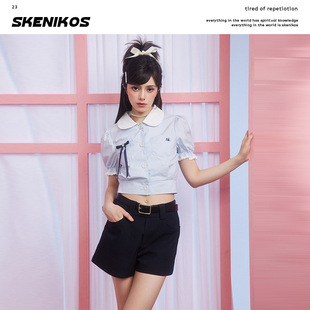 skenikos学院风娃娃领泡泡袖短款收腰衬衫短裤两件套时尚套装女