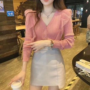 温柔风拼接薄纱设计感粉色针织衫开衫女2021年秋季韩系打底衫T恤