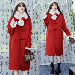 新中式毛领牛角扣呢子，大衣冬季宽松长款红色可拆卸毛领外套女