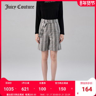 Juicy Couture橘滋夏季羊毛格纹亮丝嵌条直筒高腰西装短裤女
