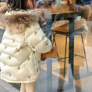 女童刺绣羽绒棉服中长款洋气冬季大毛领加厚儿童冬装外套2024新款