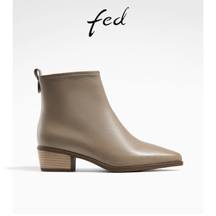 fed棕色真皮短靴秋季女靴法式复古粗跟时装靴女款R0821-ZC029