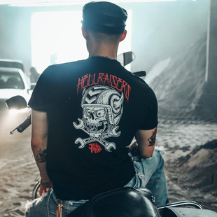 摩托车重型机车骷髅头欧美摇滚，街头朋克个性纯棉圆领，重磅短袖t恤