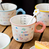带勺刻度陶瓷牛奶杯家用儿童喝水马克杯女生，可爱早餐燕麦咖啡杯子
