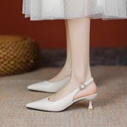 尖头后空细跟白色高跟鞋，女2024秋夏季韩版一字带法式包头凉鞋