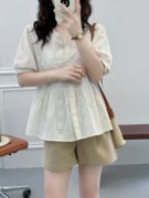 镂空刺绣甜美娃娃衫女2023夏季韩版宽松显瘦纯棉短袖衬衫上衣