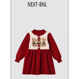 英国NEXT女童春秋毛衣连衣裙洋气时髦女宝宝韩版针织红色过年裙棉