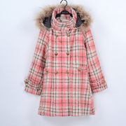 秋冬季韩版女装中长款毛呢大衣，粉色格子加厚外套，排扣毛领呢子上衣