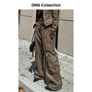 ORG Collection麂皮绒棕色皮裤女直筒宽松阔腿美式复古工装裤秋季