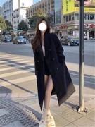 赫本风黑色呢子大衣女装秋冬2023年韩版小个子加厚中长款毛呢外套