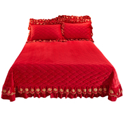 大红色新婚庆床盖夹棉单件床垫水晶绒加厚刺绣床单三件套结婚床品