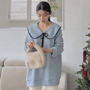 韩国特大码女装，胖mm冬装大翻领配色，时尚长袖t恤1215