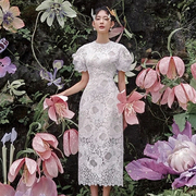 23夏越南小众设计师短袖重工泡泡袖蕾丝镂空长裙修身女连衣裙