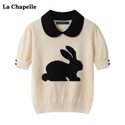拉夏贝尔/La Chapelle娃娃领短袖针织衫女夏设计感短款T恤上衣