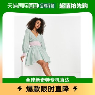 香港直邮潮奢topshop女士and，match混纺纱迷你绿色条纹连衣裙
