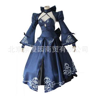 Fate/Zero黑化saber洛丽塔cosplay衣服装深蓝色吊带裙+鞋+大长