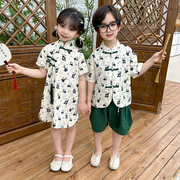 儿童改良唐装夏季套装中国风，汉服女童旗袍裙子古装幼儿园演出服