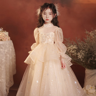 长袖公主裙女童主持人礼服香槟色高级感小众生日儿童钢琴演奏礼服